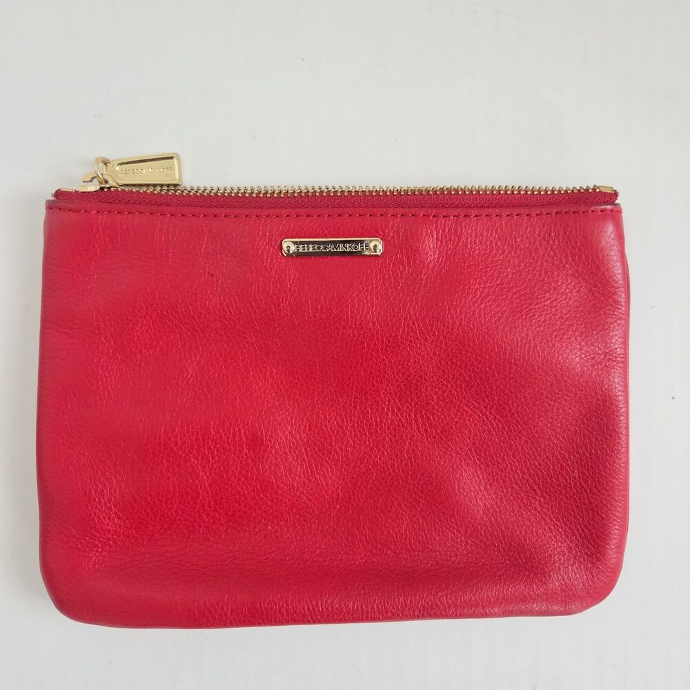 Rebecca Minkoff Red Genuine Leather Cosmetic Makeup Travel Bag with Gold 8x6in